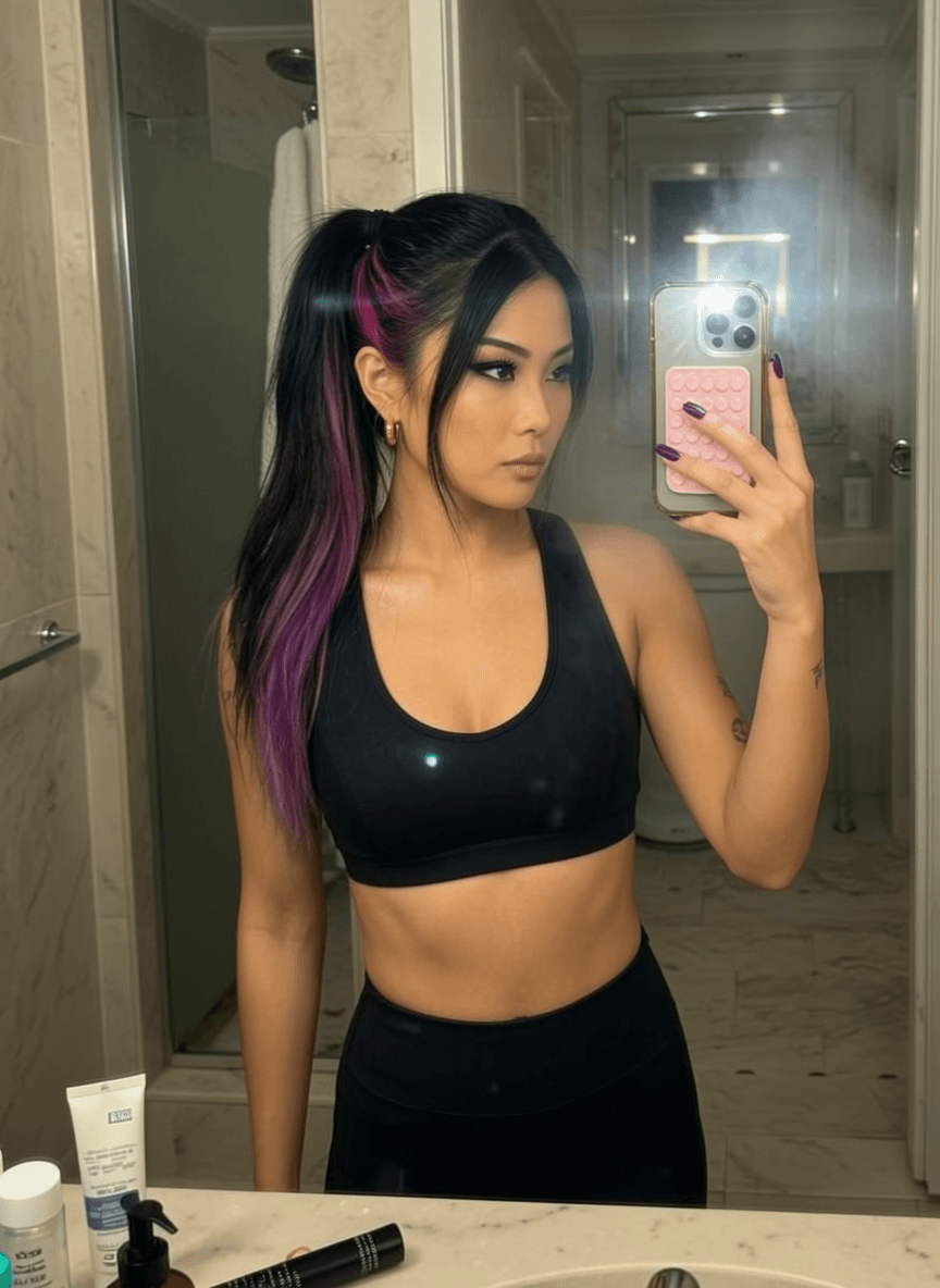 A woman with a black and purple pixie cut takes a mirror selfie in a bathroom, wearing an athletic outfit.