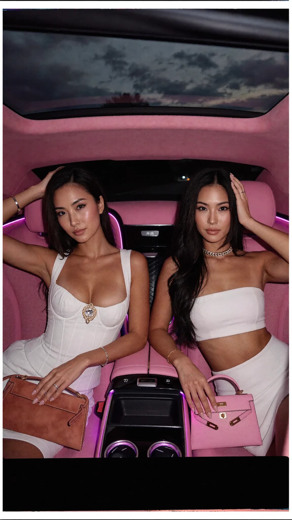 Two women in white dresses sit inside a pink car, posing for the camera.