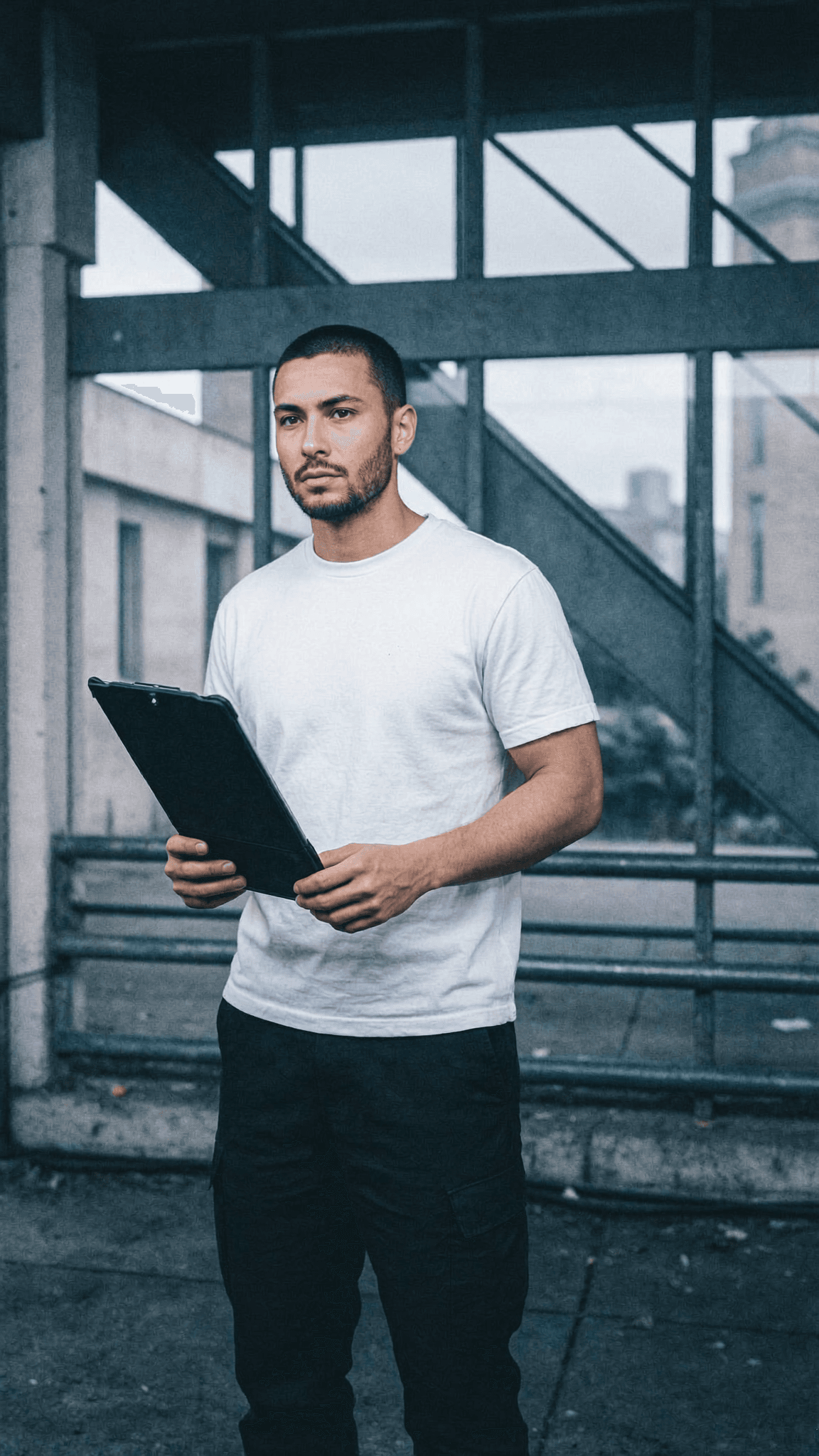 A young man in casual attire stands outdoors holding a clipboard, with a playful and candid mood.