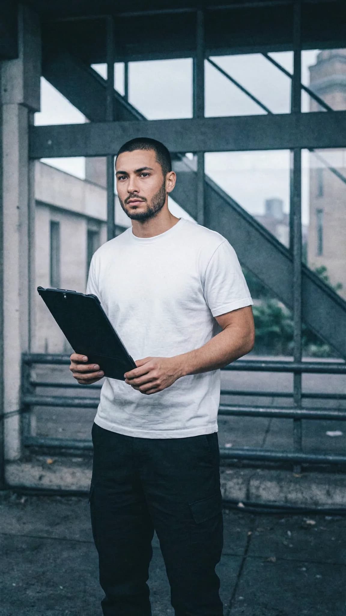 A young man in casual attire stands outdoors holding a clipboard, with a playful and candid mood.