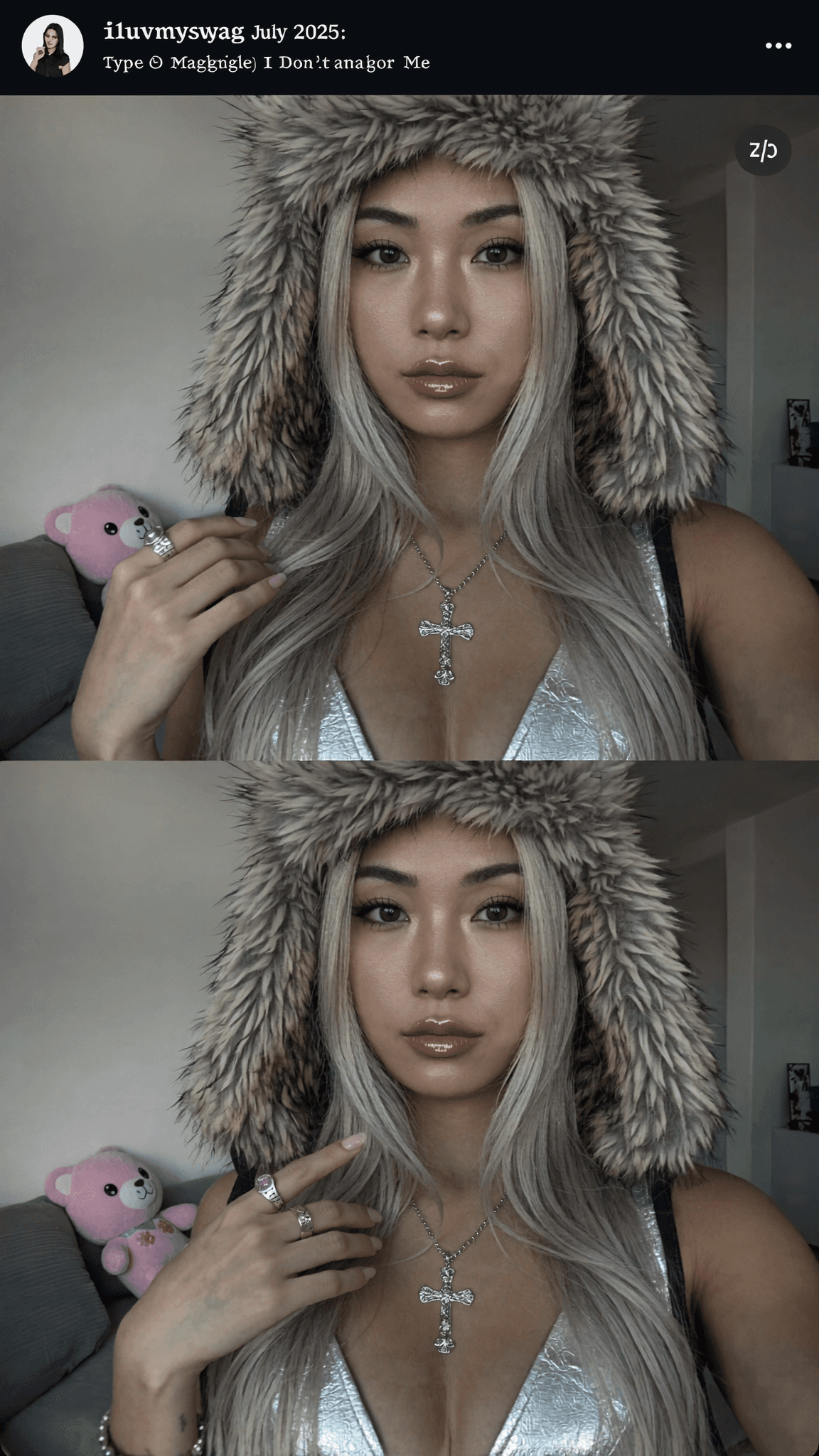 A woman with platinum blonde hair and a fur-lined hood poses in a bedroom setting, wearing a silver outfit.