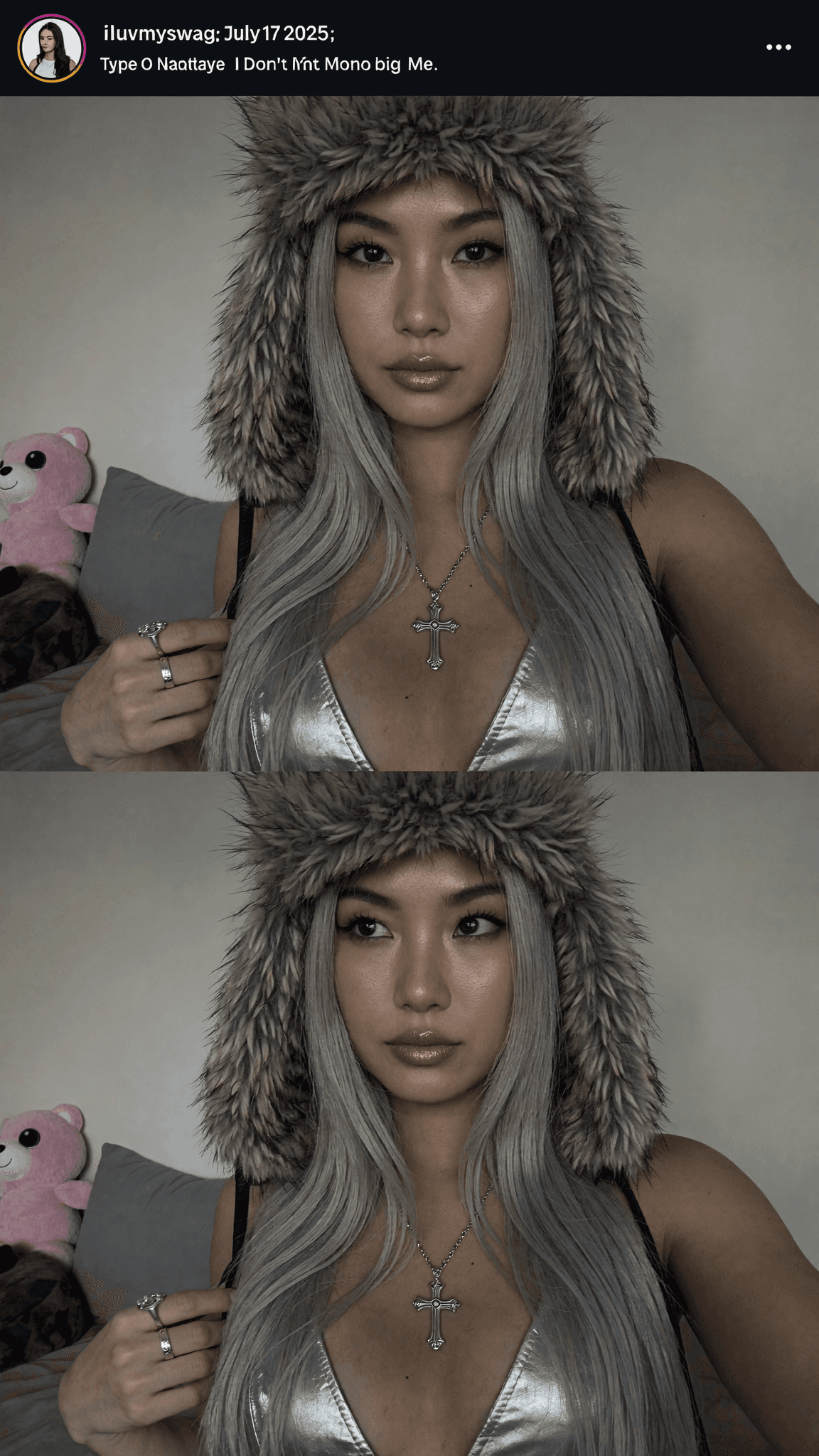 A woman with platinum blonde hair and a fur-lined hood poses in a bedroom setting, wearing a silver top.