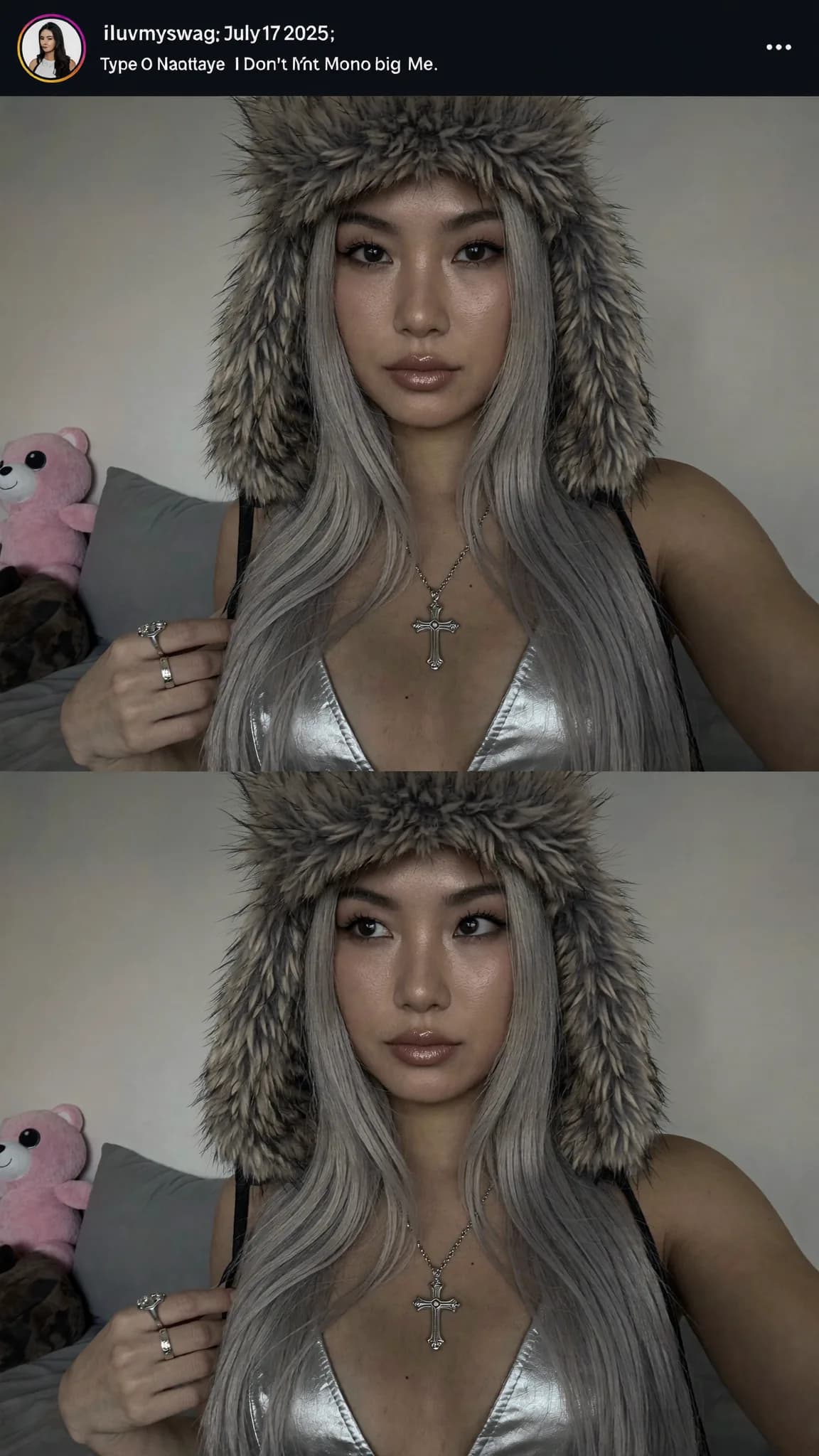 A woman with platinum blonde hair and a fur-lined hood poses in a bedroom setting, wearing a silver top.