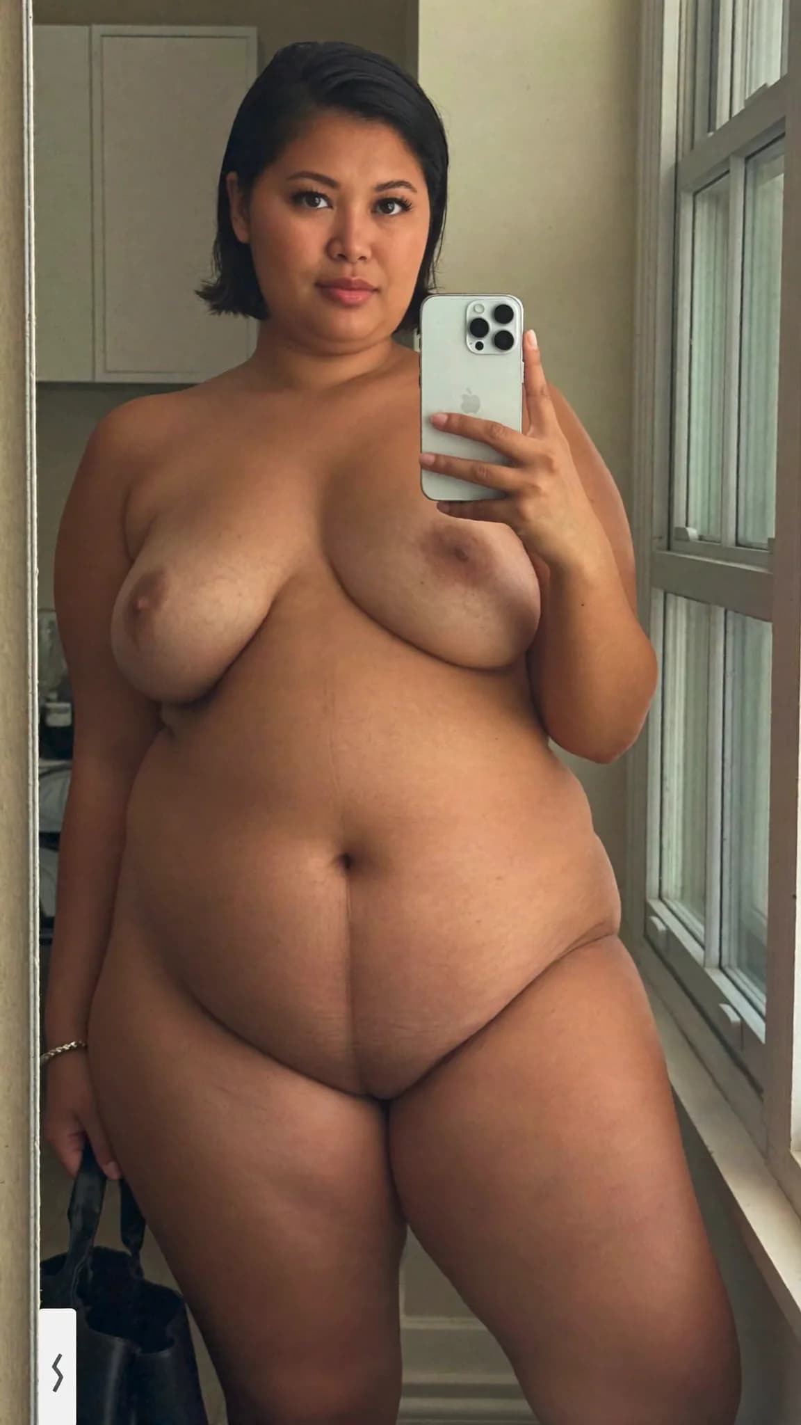 A person is taking a full-body nude selfie in a bathroom.