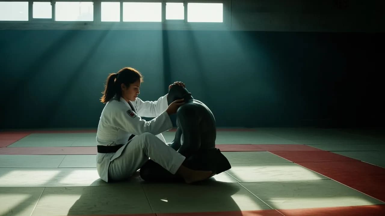 A person in a martial arts uniform is sitting on the floor, interacting with another individual wearing dark clothing.