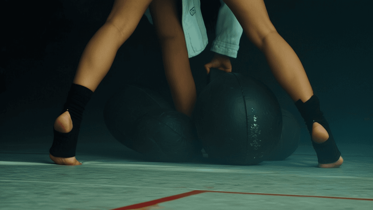 A person in an athletic pose with a focus on their lower body and legs, wearing athleisure attire.