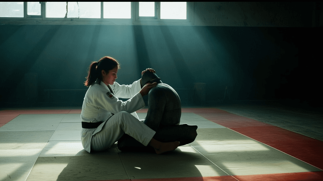 A person in a martial arts uniform is sitting on the floor, interacting with another individual wearing dark clothing.