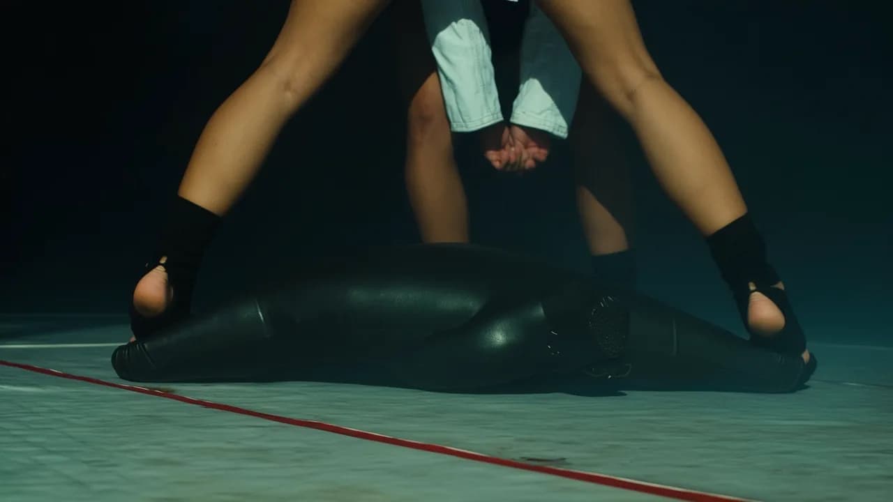 A person is lying on the ground while another stands over them in a suggestive pose.