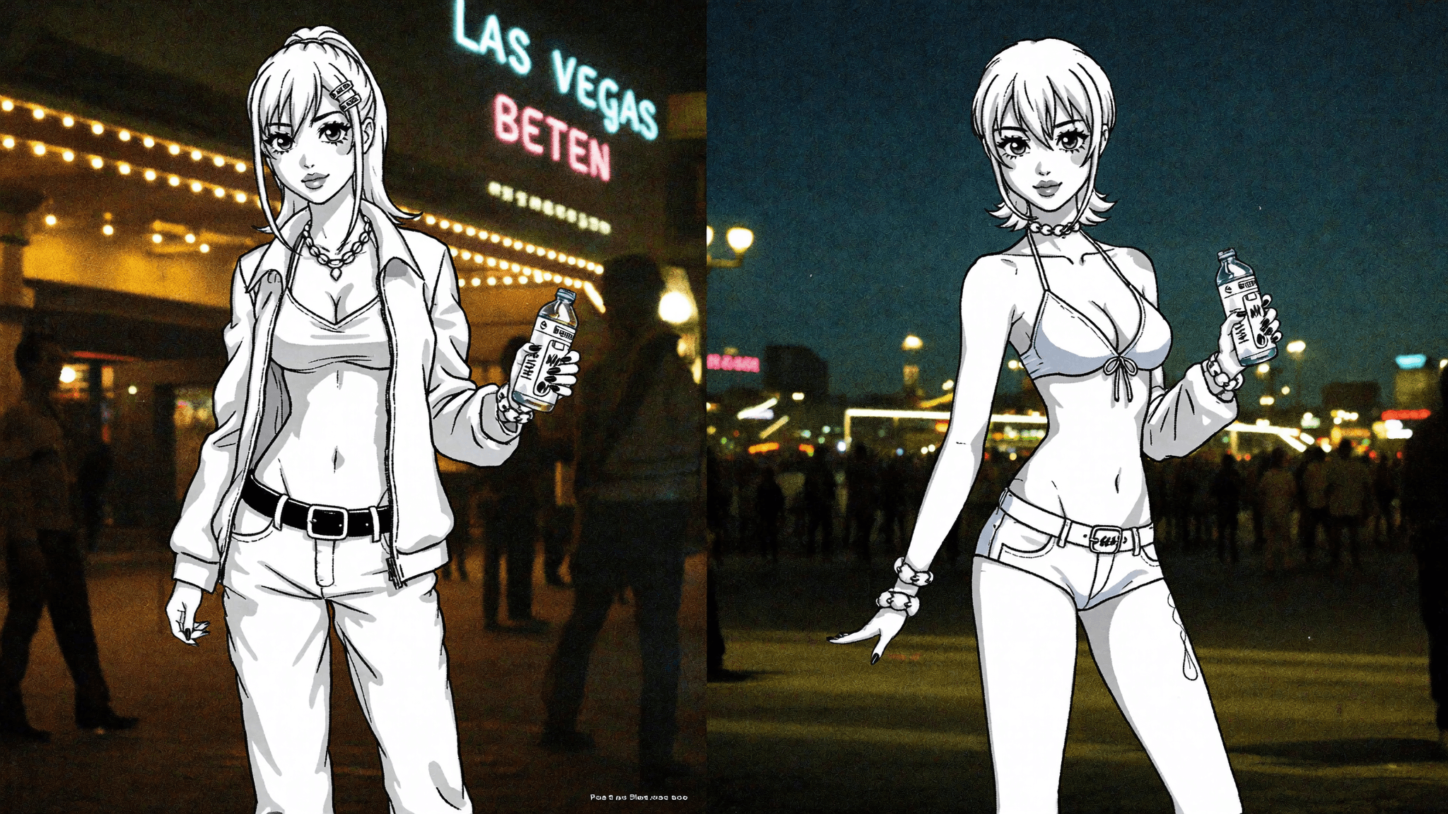 A blonde character in a swimsuit stands confidently outdoors at night.