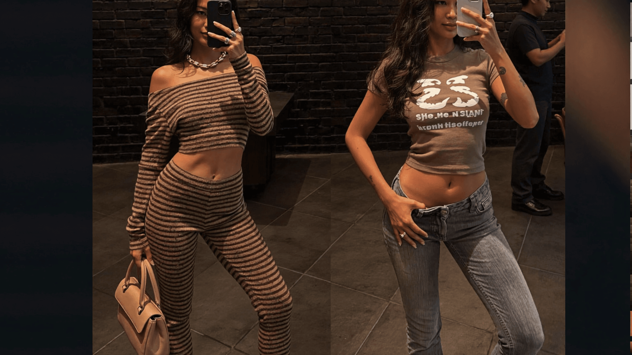 A woman poses in a casual outfit with playful and sultry expressions.