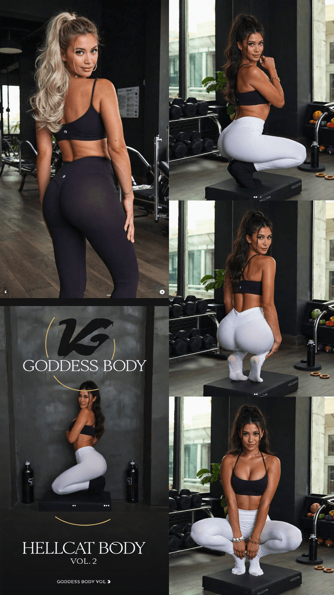 A woman in a black sports bra and leggings poses confidently in a studio setting, showcasing her athletic physique.