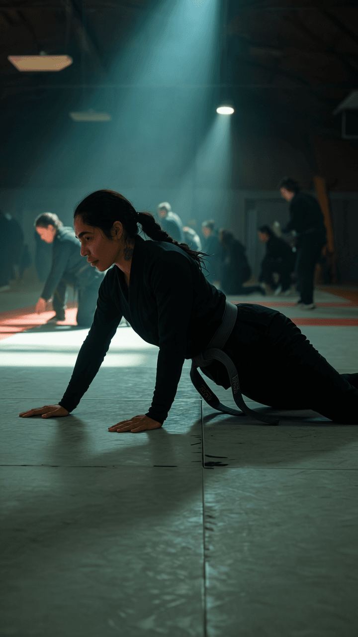 A woman in an athletic pose practices martial arts in a studio setting.