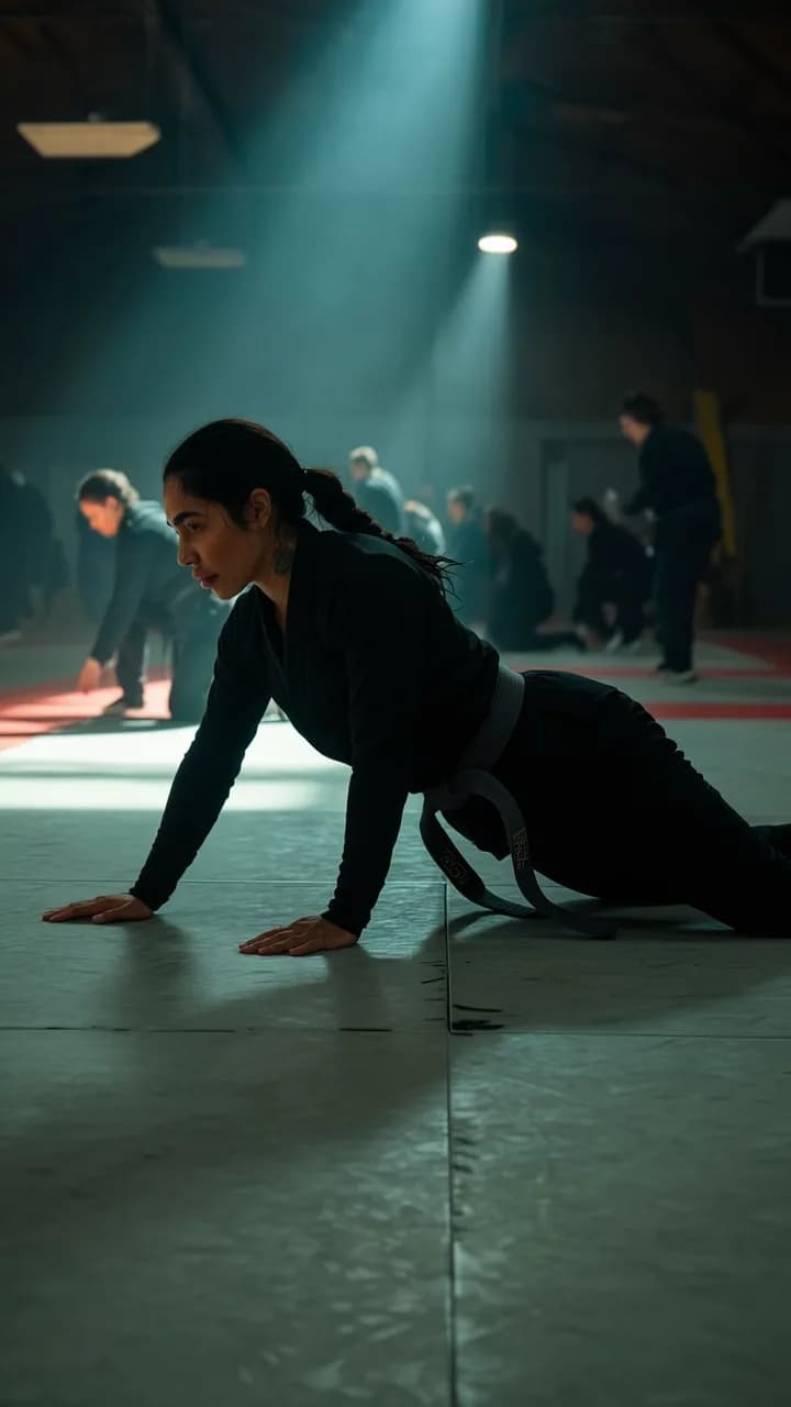 A woman in an athletic pose practices martial arts in a studio setting.