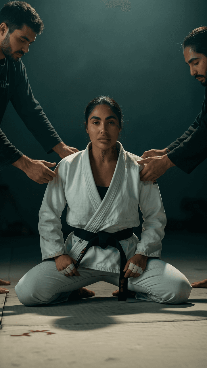 A woman in a martial arts gi is seated while two men adjust her attire.