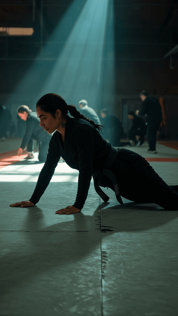 A woman in a martial arts studio performs a prone position under dramatic lighting.