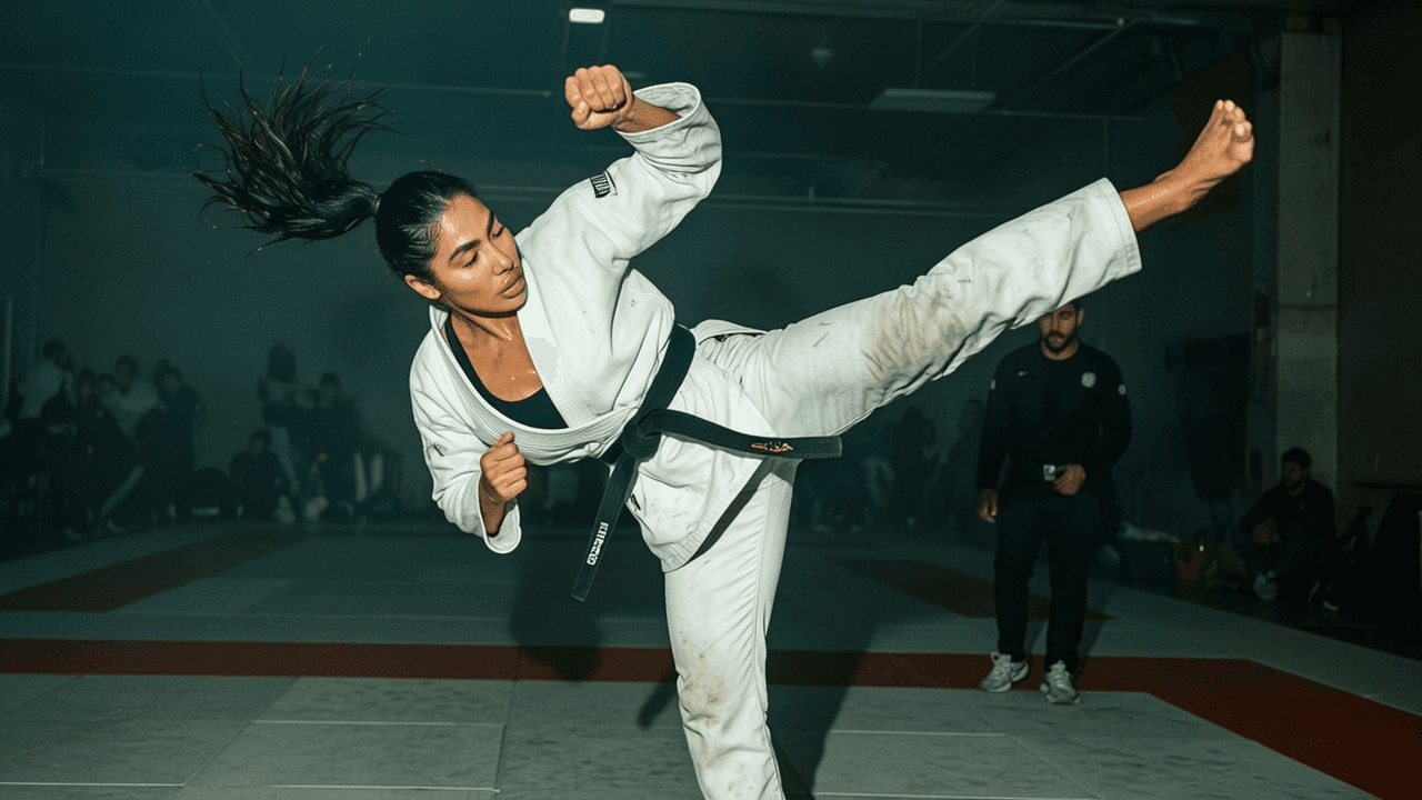 A woman in a white martial arts uniform performs an action pose with spectators and another person in the background.