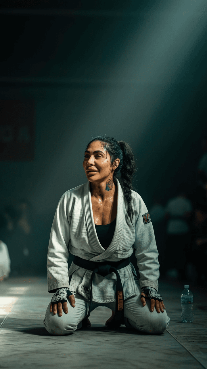 A martial artist sits on the floor in a studio, wearing an athletic outfit and displaying a playful yet fierce demeanor.