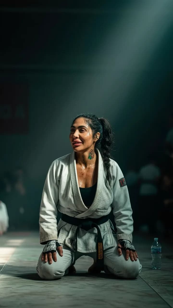 A martial artist sits on the floor in a studio, wearing an athletic outfit and displaying a playful yet fierce demeanor.