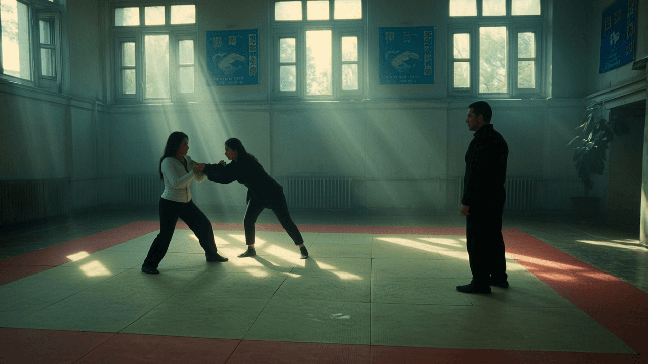 Two individuals engage in a martial arts practice while another observes.