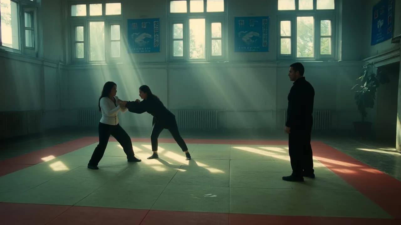 Two individuals engage in a martial arts practice while another observes.