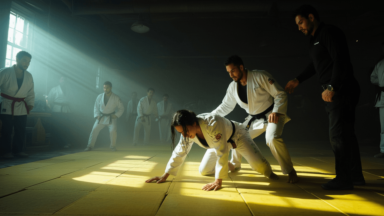 A martial arts training session is taking place in a studio with natural light streaming through the windows.