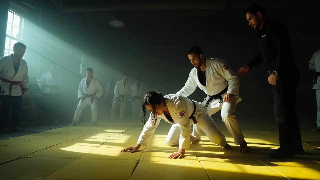 A martial arts training session is taking place in a studio with natural light streaming through the windows.