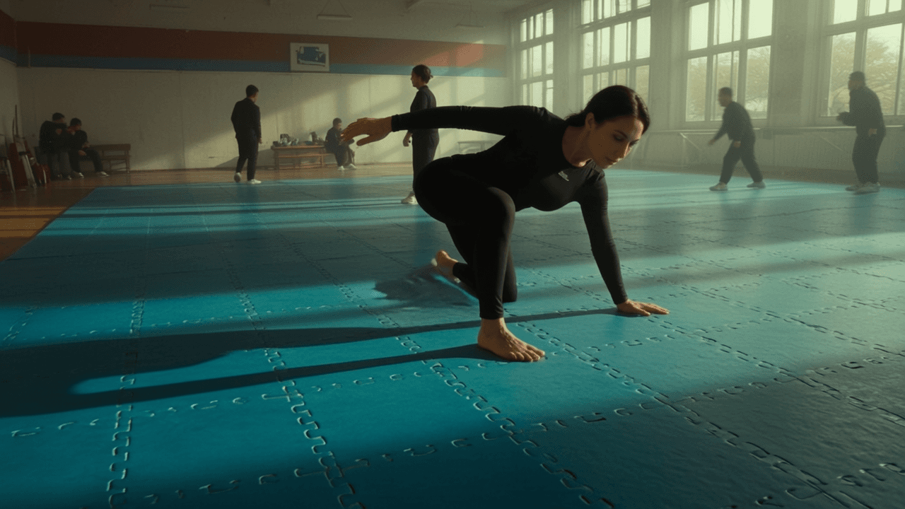 A woman in a black athletic outfit is performing an action pose on a blue mat in a studio setting.
