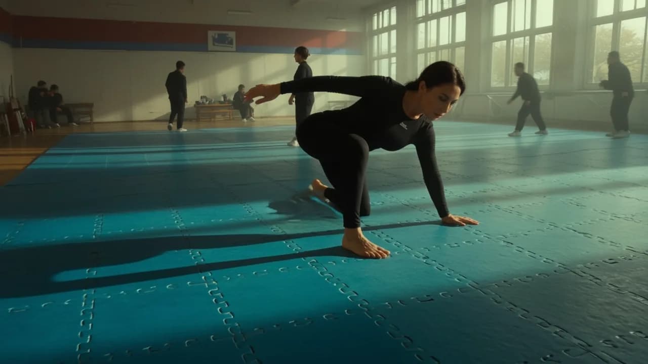 A woman in a black athletic outfit is performing an action pose on a blue mat in a studio setting.