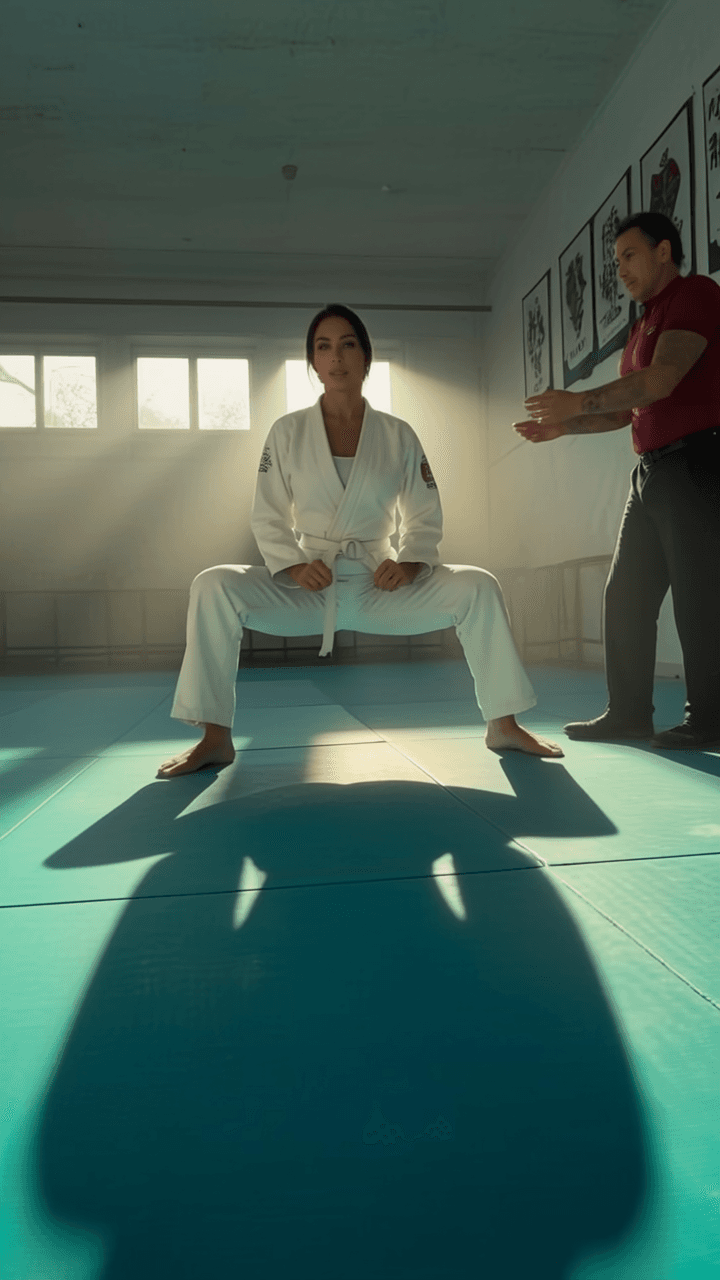 A woman in a martial arts pose is being observed by another person in a studio setting.