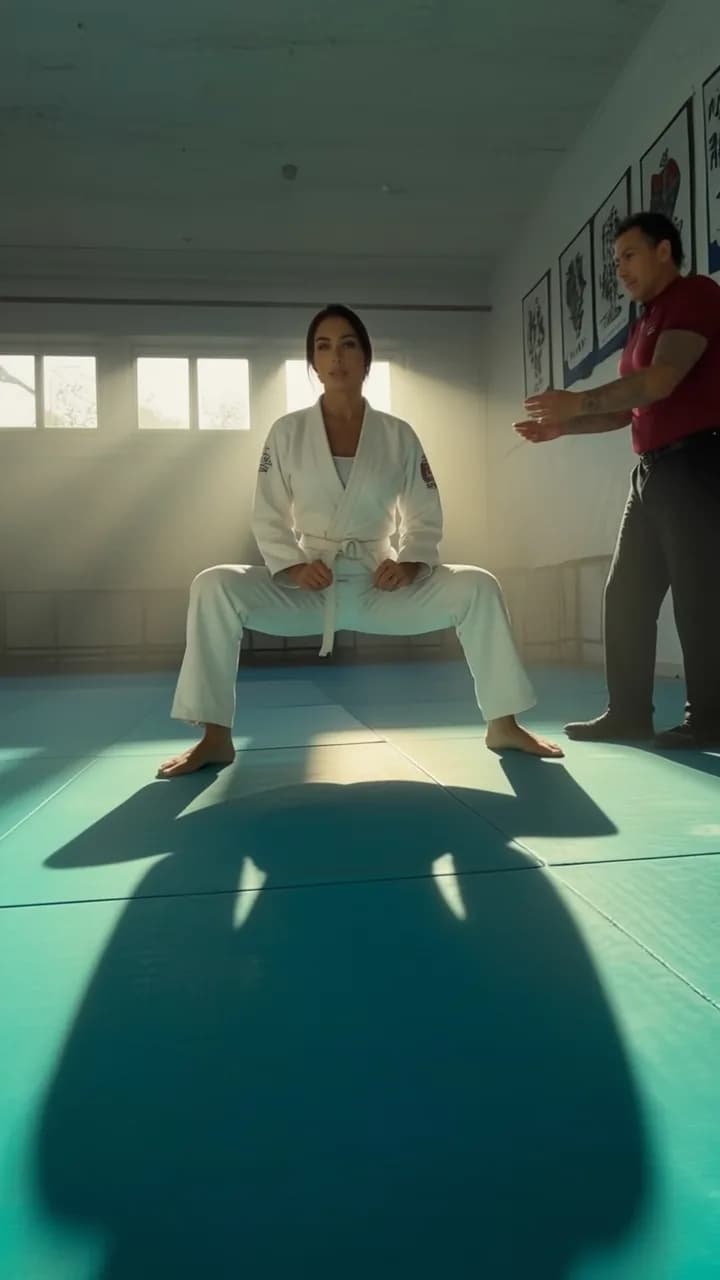 A woman in a martial arts pose is being observed by another person in a studio setting.