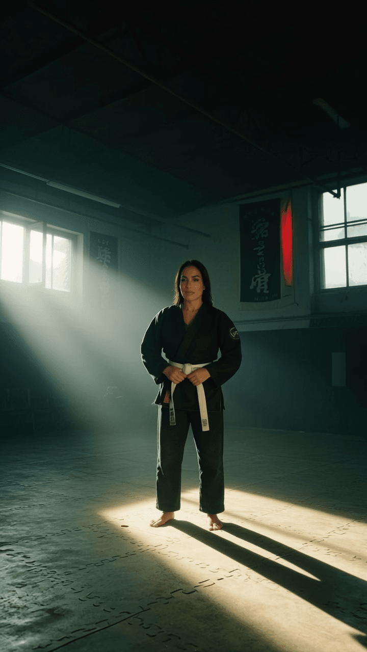 A person in a martial arts uniform stands confidently in a studio with beams of light illuminating the space.