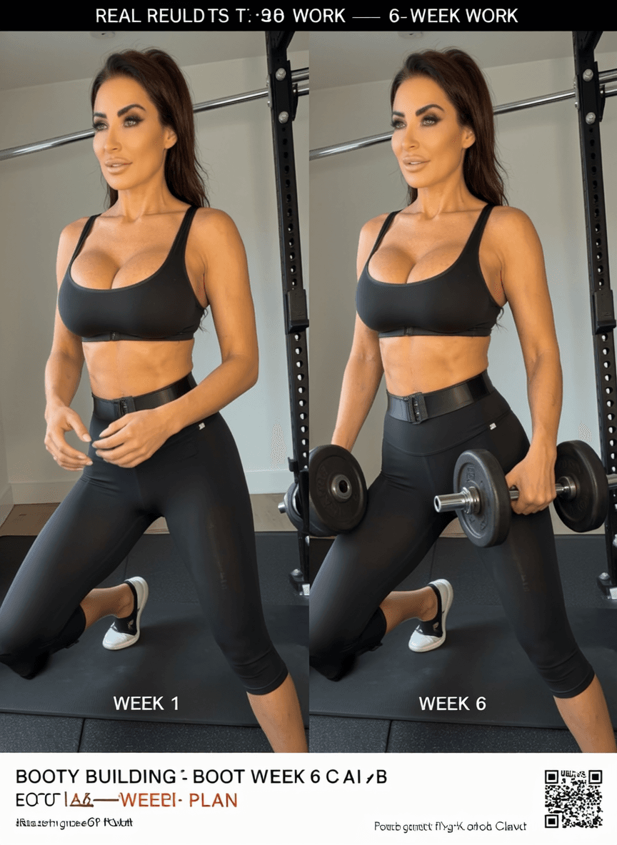 A woman in a black sports bra and leggings is posing with dumbbells, showcasing her fitness progress over six weeks.