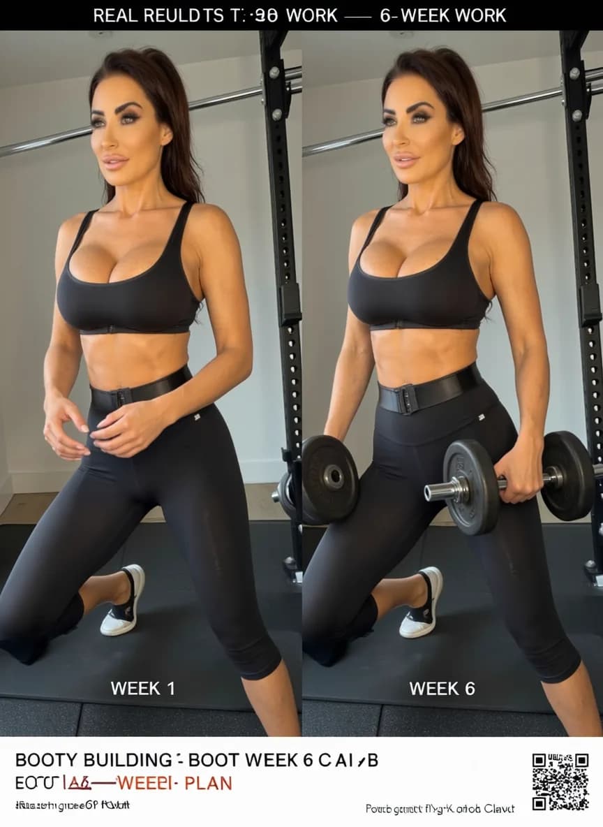 A woman in a black sports bra and leggings is posing with dumbbells, showcasing her fitness progress over six weeks.