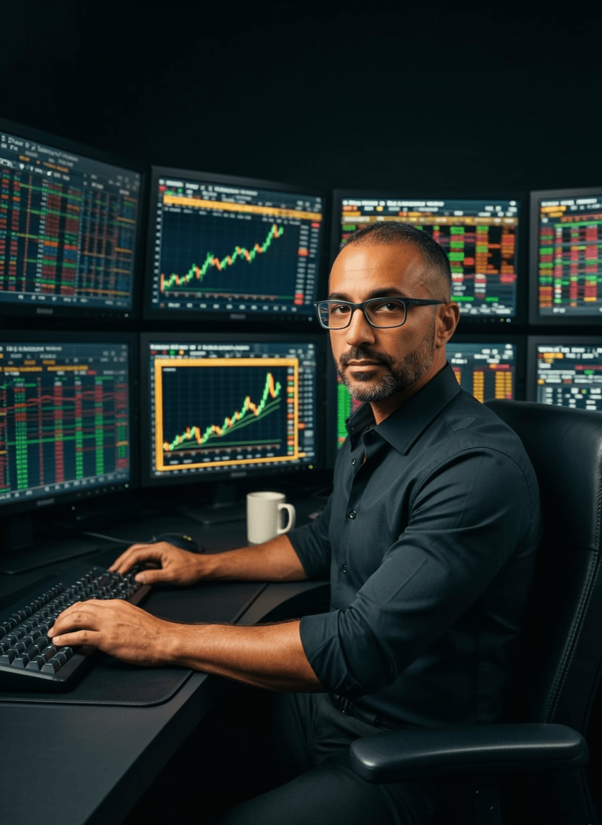 A woman with a Corvette-themed appearance is seated in front of financial market data on multiple monitors.