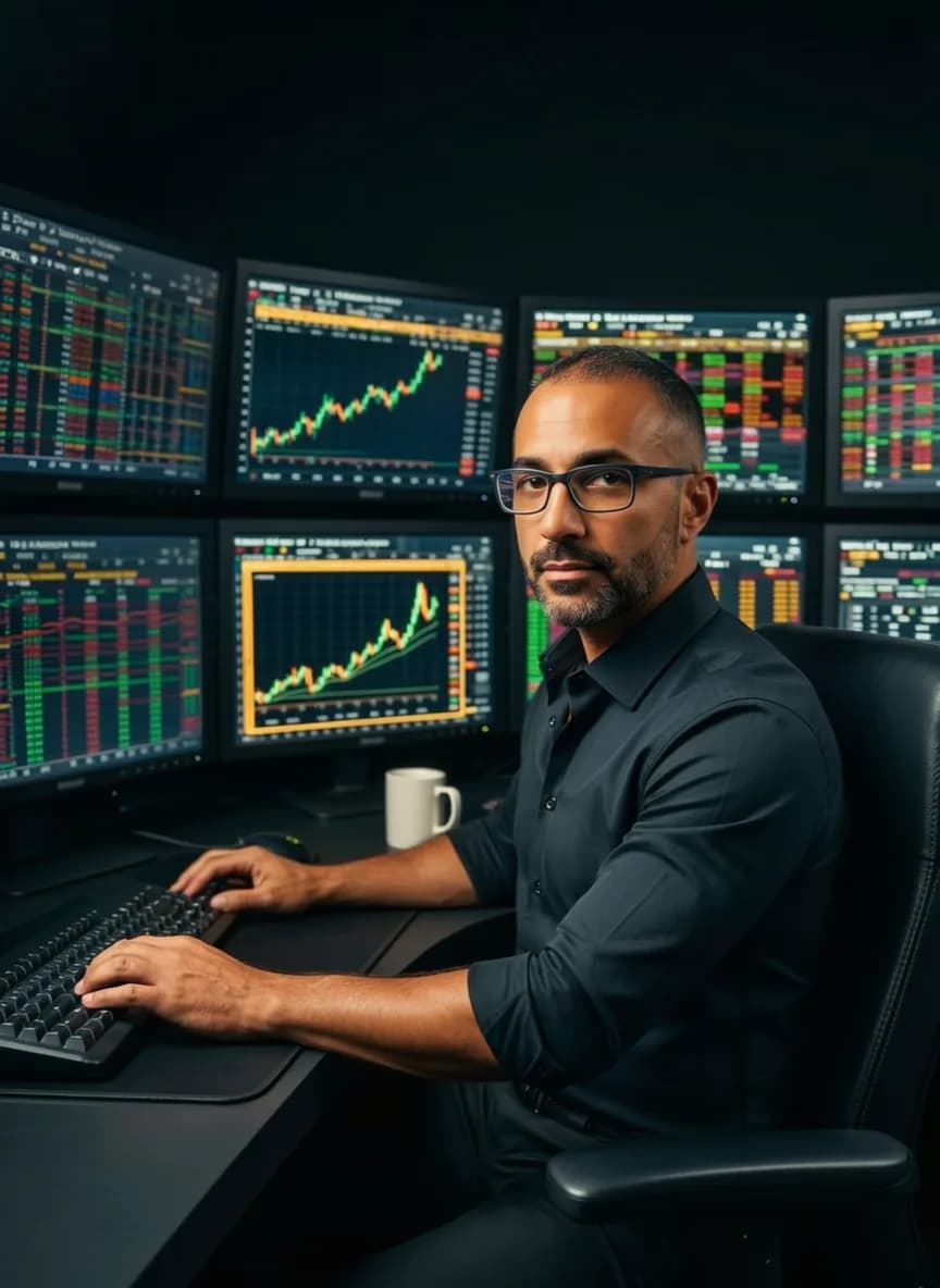 A woman with a Corvette-themed appearance is seated in front of financial market data on multiple monitors.