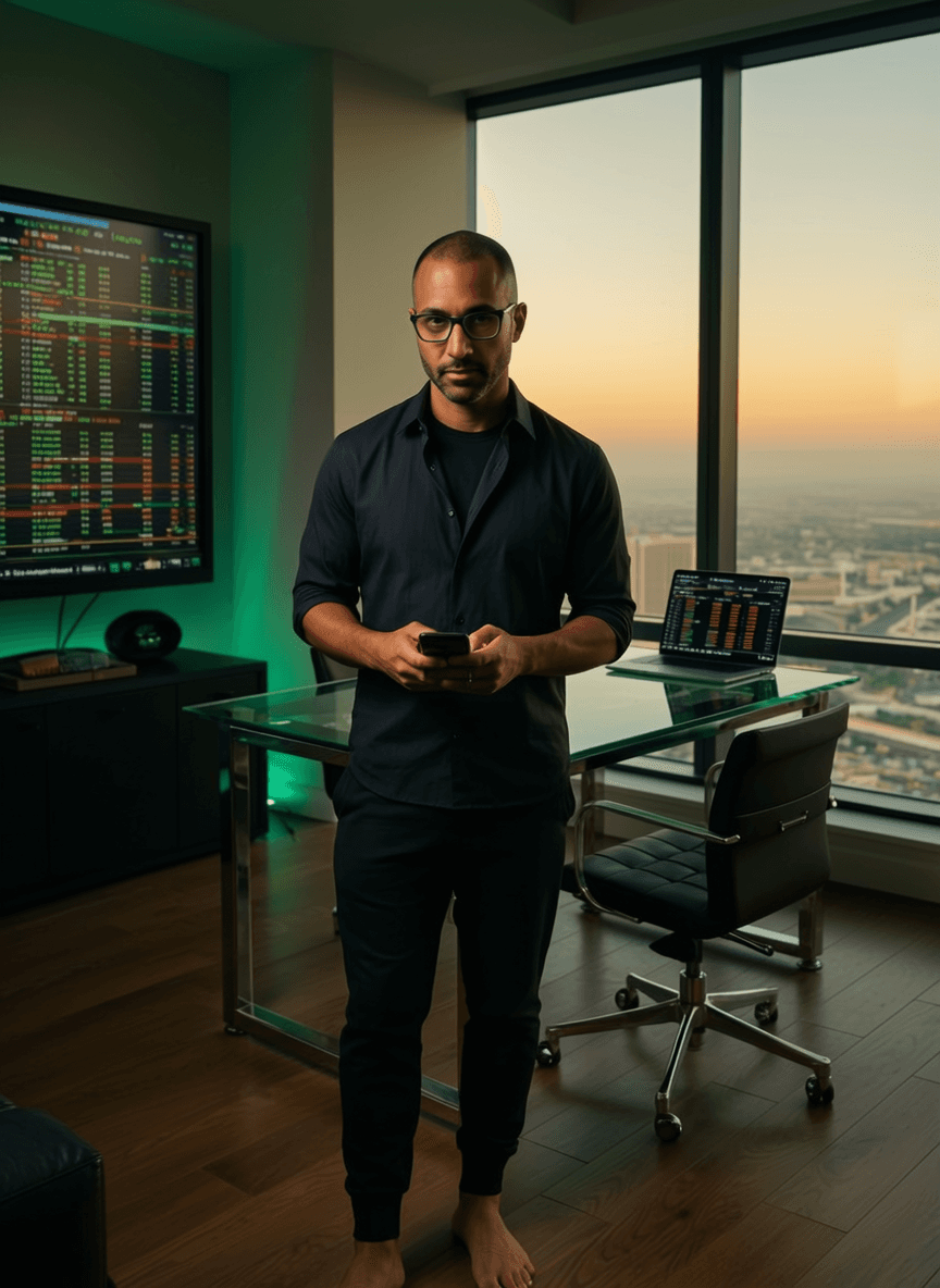 A man stands in a modern office with financial data on screens, dressed casually and barefoot.