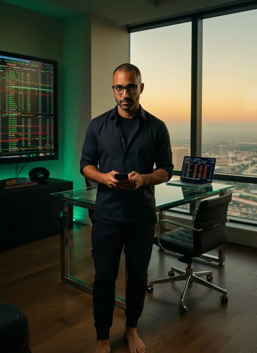 A man stands in a modern office with financial data on screens, dressed casually and barefoot.