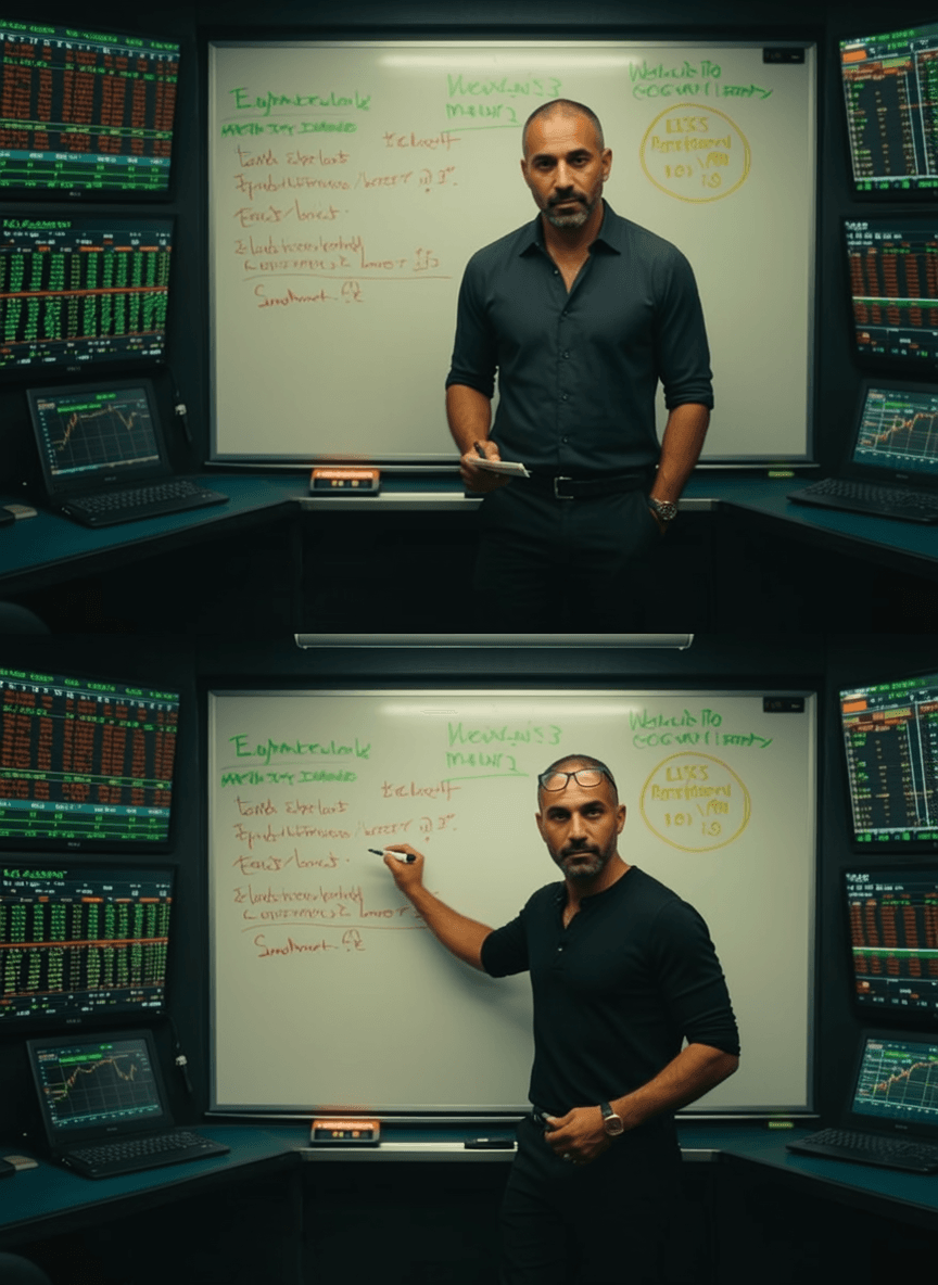 A man stands in front of a whiteboard with financial data and notes, holding a marker.