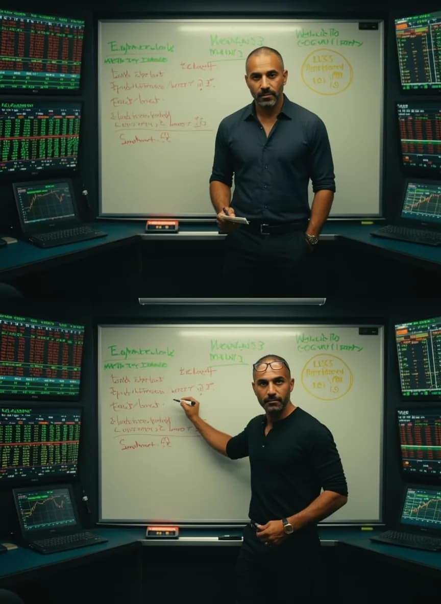 A man stands in front of a whiteboard with financial data and notes, holding a marker.