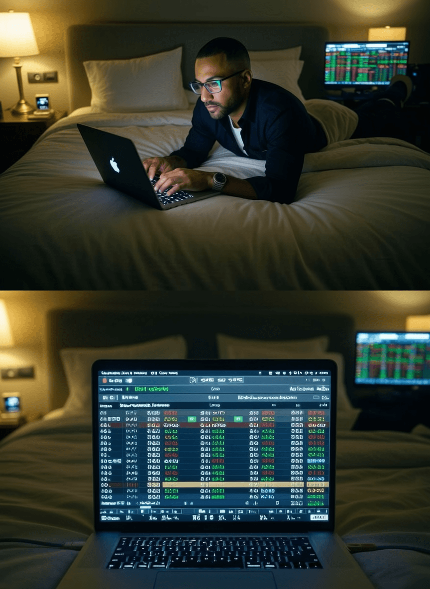 A person is lying on a bed, working on a laptop with financial data displayed.