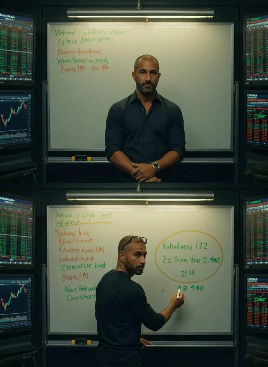 A man stands in front of a whiteboard with financial data and notes, wearing glasses and writing on the board.