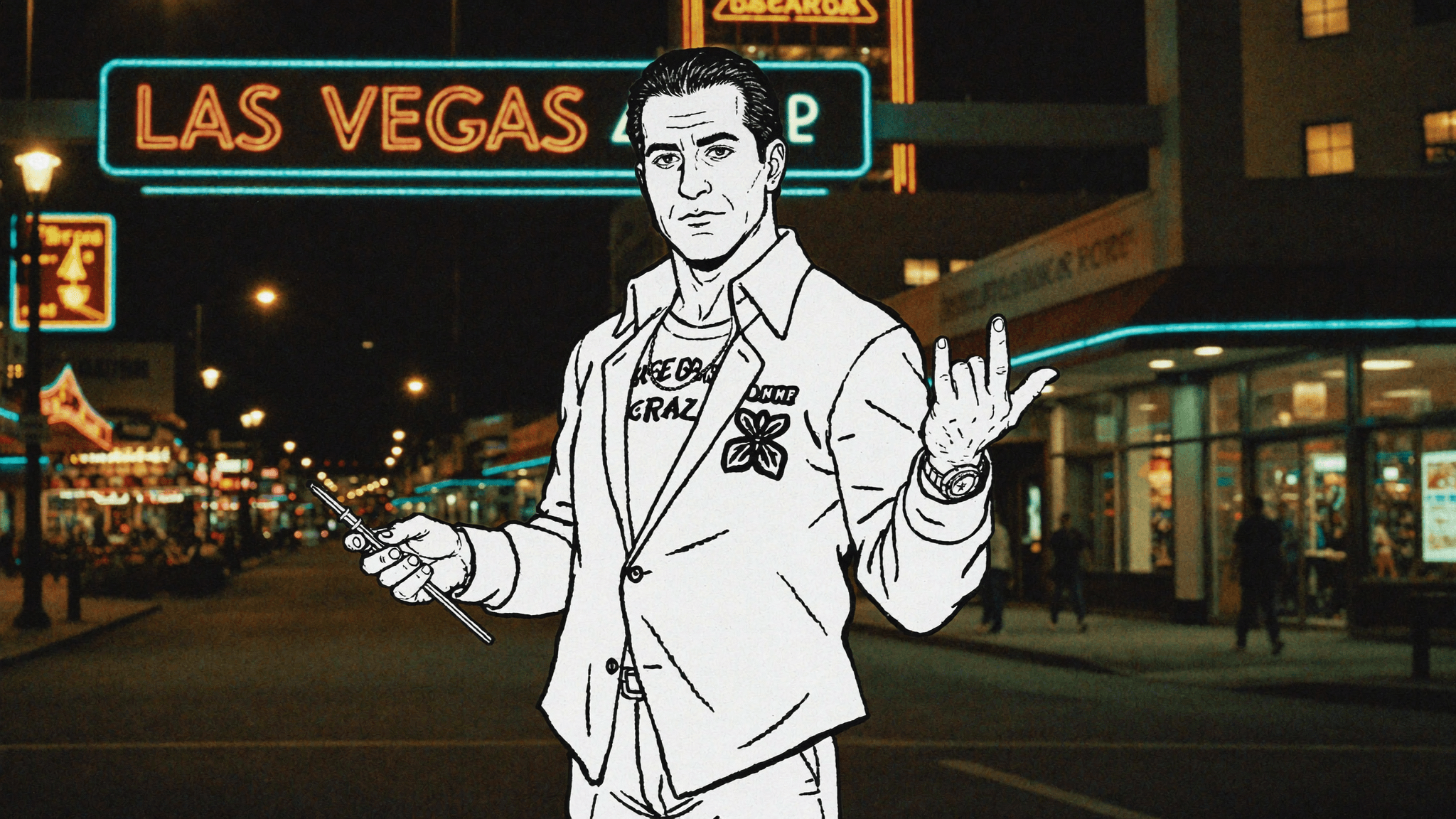 A stylized illustration of a man standing on a Las Vegas street at night, wearing casual attire and making hand gestures.