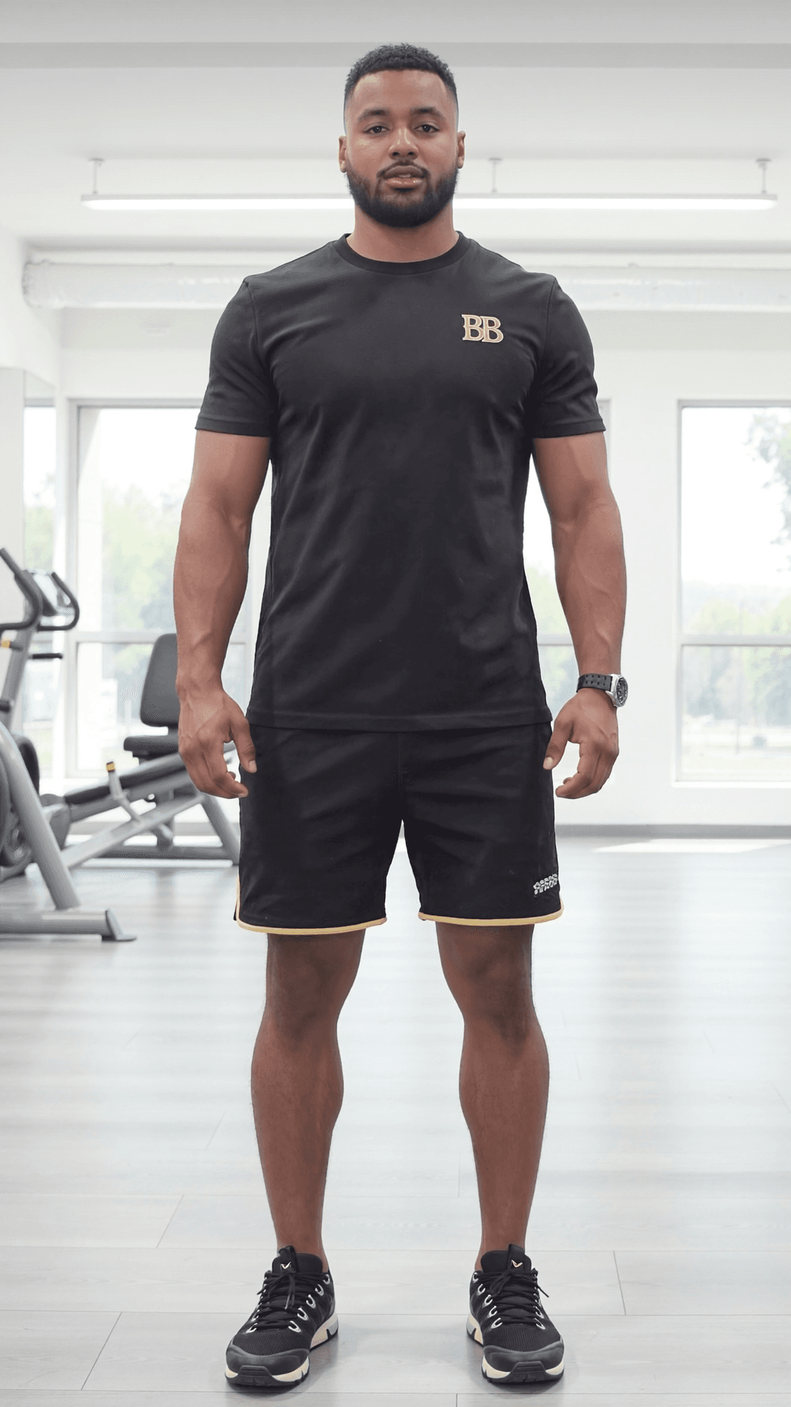 A muscular man stands confidently in a studio, wearing athletic attire.