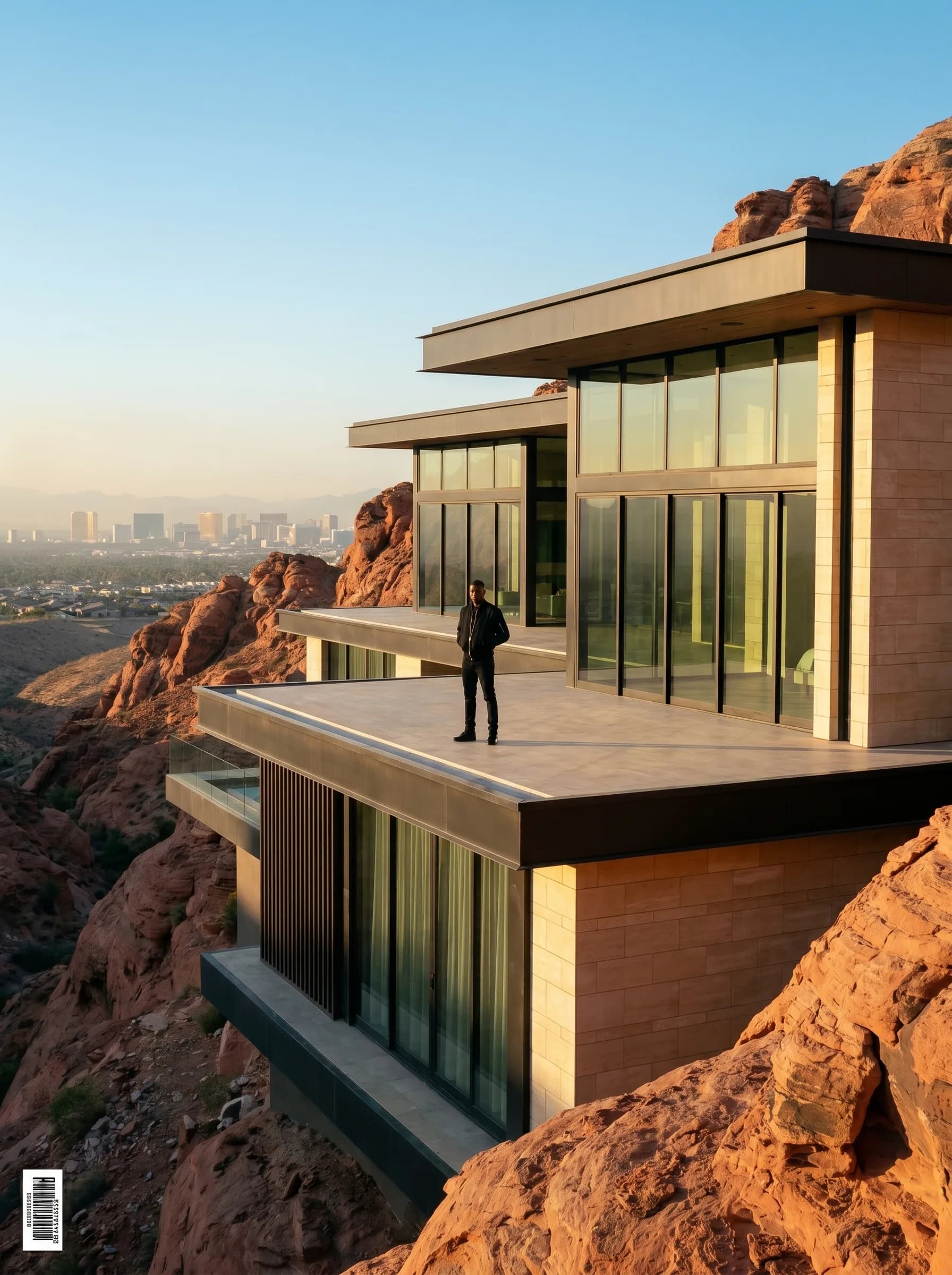 A person stands on the balcony of a modern house perched on a cliff, overlooking a cityscape.