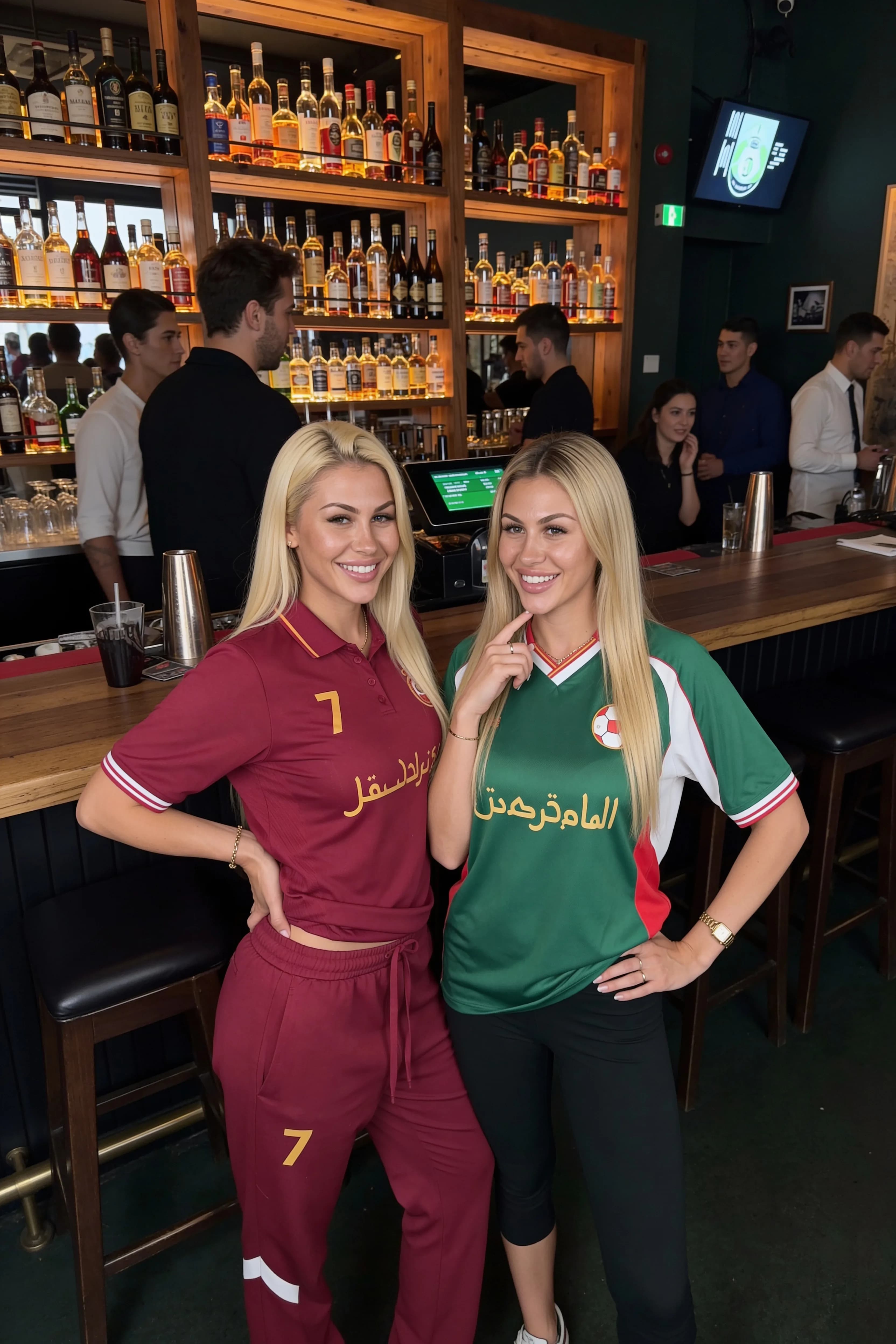 Two women in athletic wear pose at a club bar.