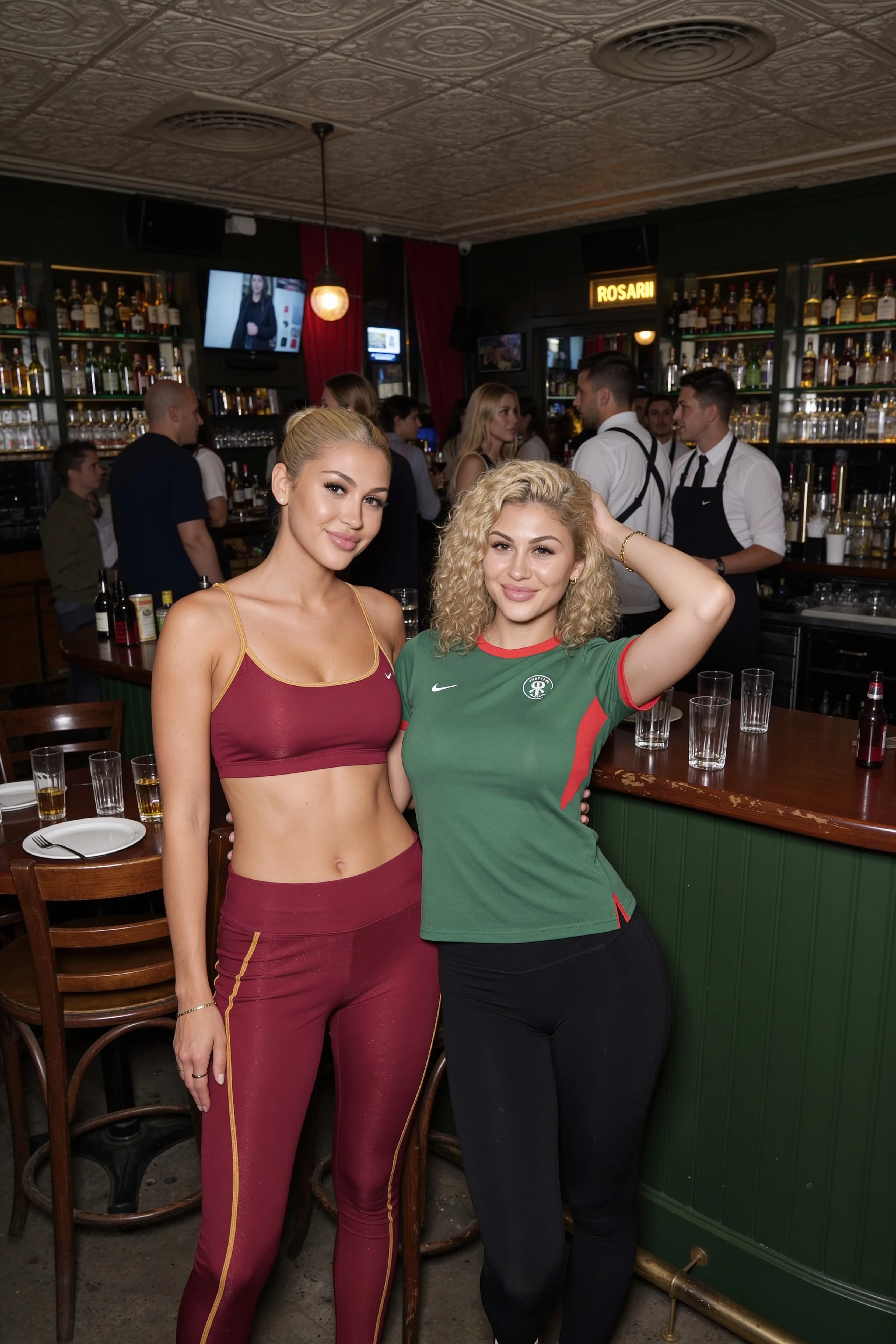 Two women are posing together in a club setting, one wearing an athletic outfit and the other dressed casually.