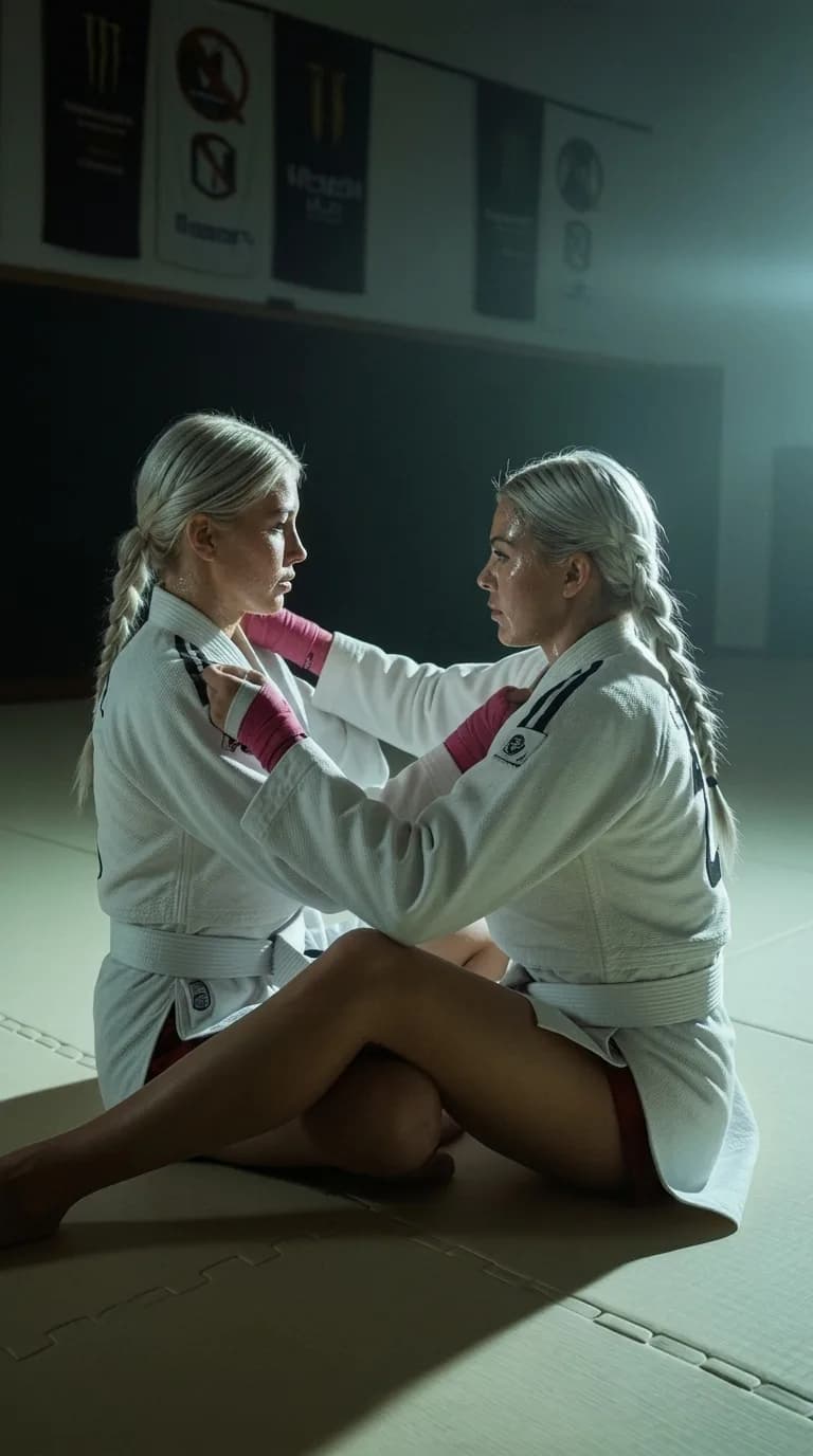 Two individuals in martial arts uniforms engage in a seated position, demonstrating focus and camaraderie.