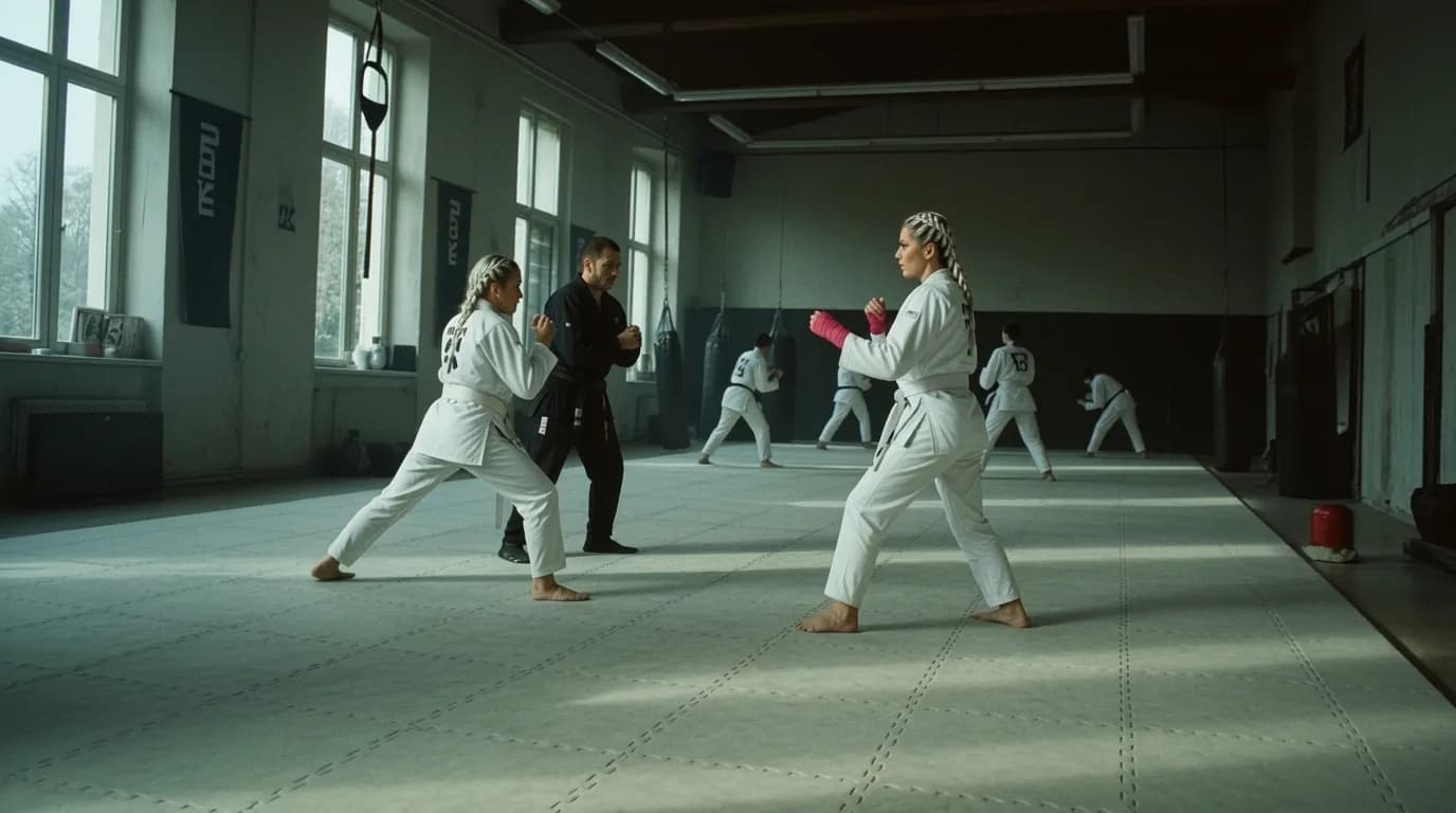 A group of martial artists practice in a well-lit studio, with one individual standing out due to their distinctive platinum blonde hair and athletic attire.