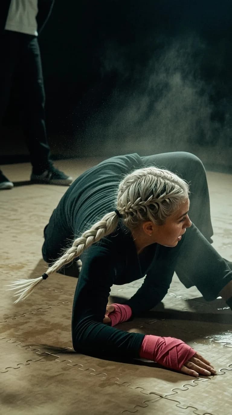 A woman with a braided hairstyle and pink wraps on her hands is in a prone position, appearing to be engaged in an intense workout or training session.