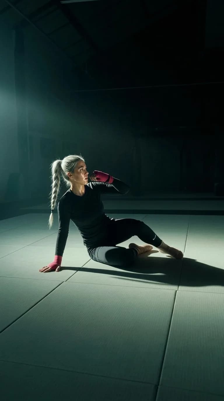 A woman in athletic wear is posed dynamically in a studio setting, exuding confidence and playfulness.